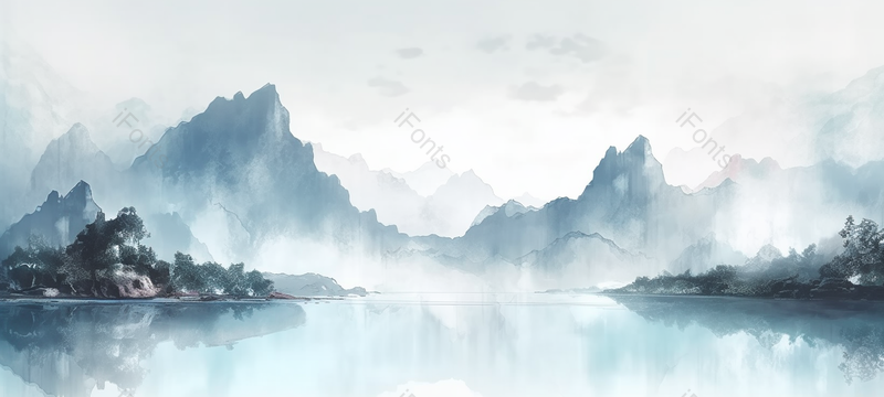 山水河流蓝色意境简约新中式自然风景水墨画,插画/手绘图,插画/手绘图库,插画/手绘图下载,插画/手绘